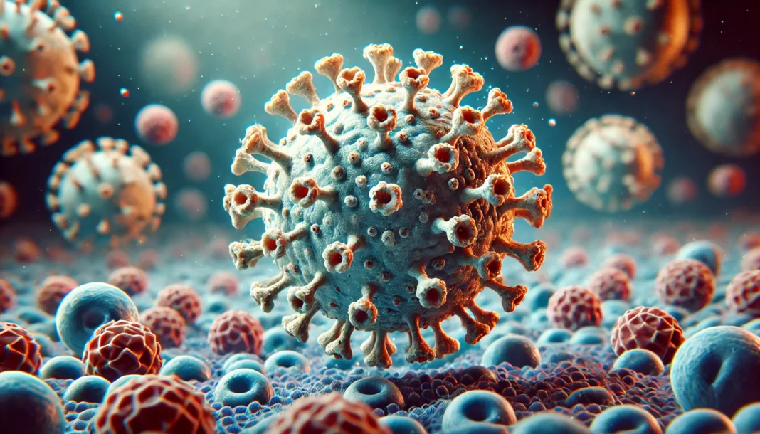 Citomegalo virusas, matomas po mikroskopu, su būdinga apvalia struktūra ir spygliuotais glikoproteinais, aplinkiniuose žmogaus ląstelių fonuose.