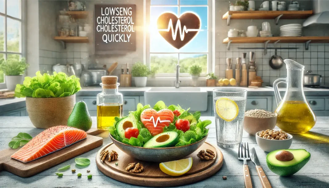 Šviežia salota su lašiša, avokadais ir graikiniais riešutais, stiklinė vandens su citrina, šviesus virtuvės interjeras ir greitas cholesterolio mažinimas.