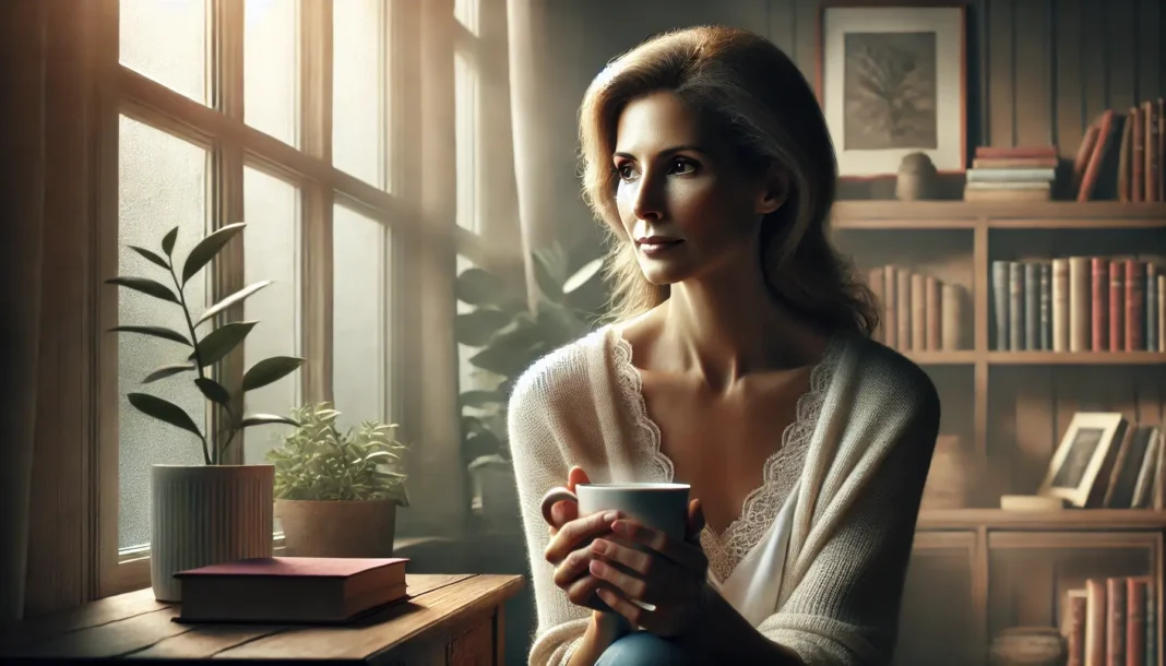 Kada prasideda menopauzė – vidutinio amžiaus moteris ramiai sėdi prie lango, rankose laikydama arbatos puodelį.