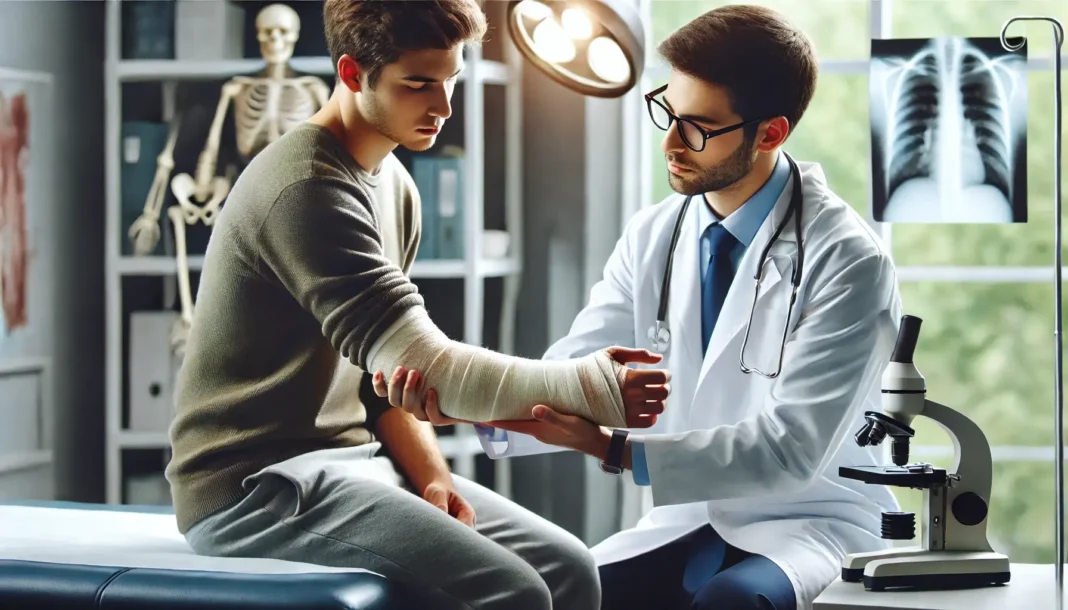 Kaip atskirti lūžį nuo sutrenkimo gydytojo apžiūra Kaip atskirti lūžį nuo sutrenkimo - gydytojas tikrina paciento patinusią ranką klinikoje.