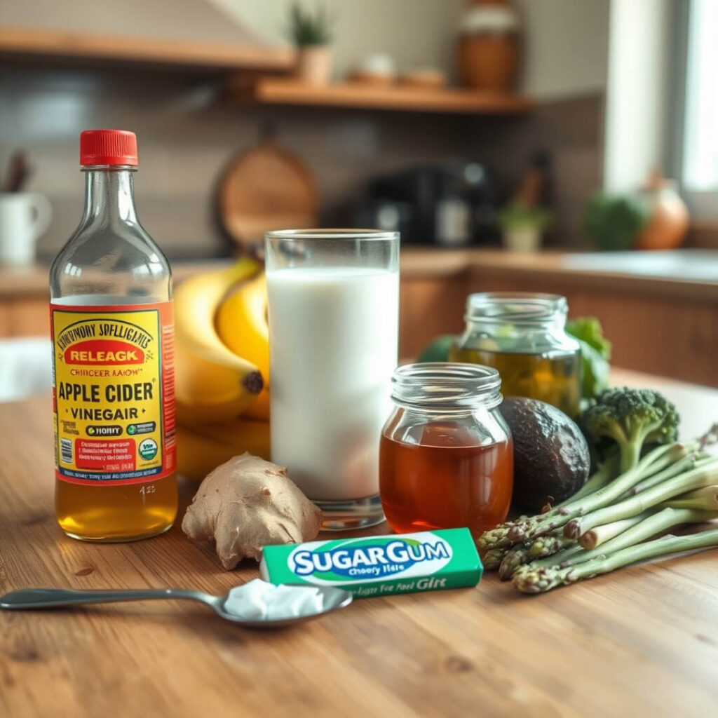 Natūralūs refliukso gydymo būdai – obuolių sidro actas, stiklinė lieso pieno, imbieras, bananai, medus, kramtomoji guma be cukraus ir šviežios daržovės, išdėlioti šviesioje virtuvėje.