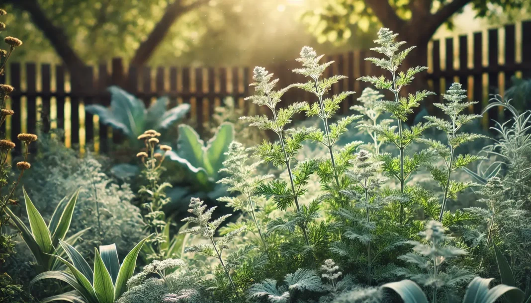 Pelyno nauda – Artemisia absinthium augalai natūraliame žolelių sode.