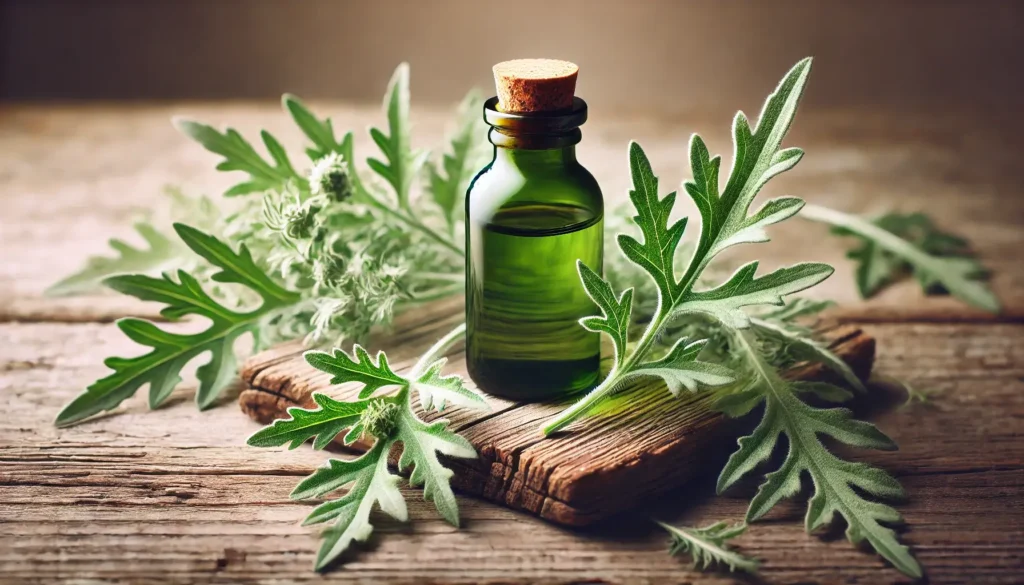 Pelyno šalutinis poveikis – tinktūra ir švieži pelyno lapai natūraliame apšvietime.