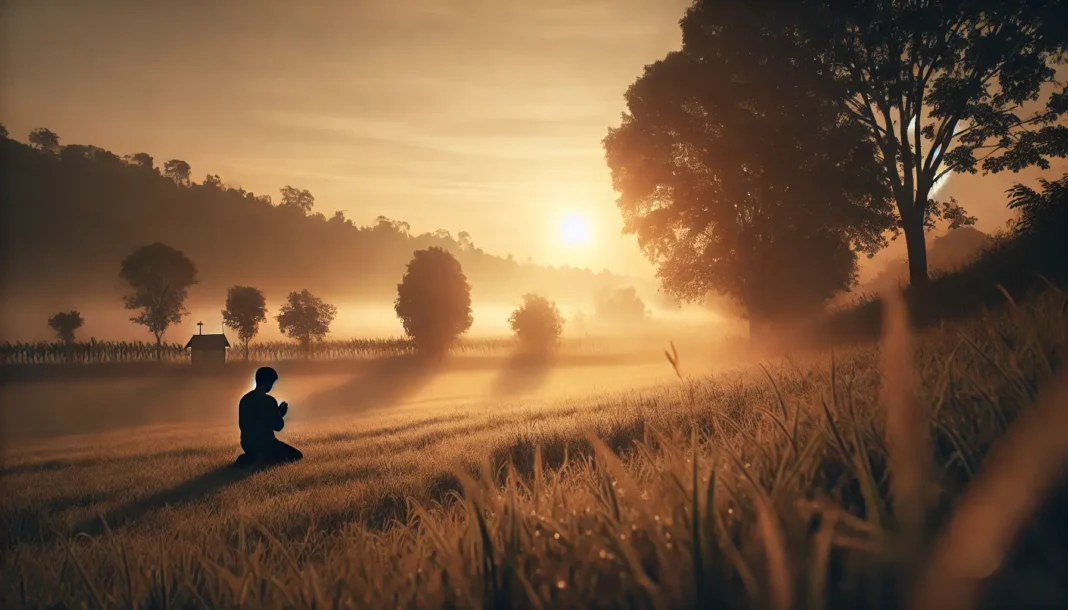 Ryto malda – žmogus meldžiasi ankstyvą rytą gamtos apsuptyje, saulės šviesa ir ramus kraštovaizdis.