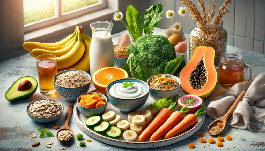 Įvairūs produktai, mažinantys skrandžio rūgštingumą: bananai, jogurtas, avižos, morkos, melionas, ramunėlių arbata, migdolų pienas, saldžiosios bulvės, papaja ir brokoliai.