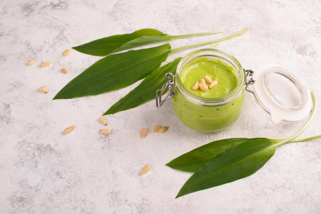 Meškinis česnakas ir pesto stiklainyje su riešutais
