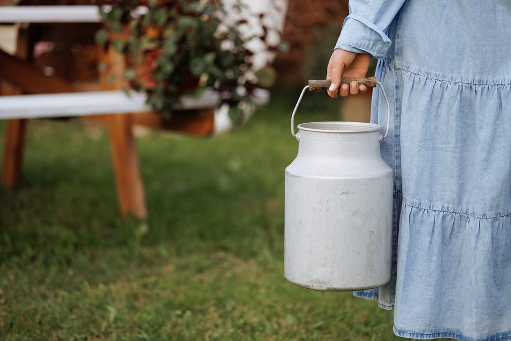 Moteris su metalo kibiru rankoje – pienas iš kaimo, dažnai naudojamas kaip pieno trąša augalams.