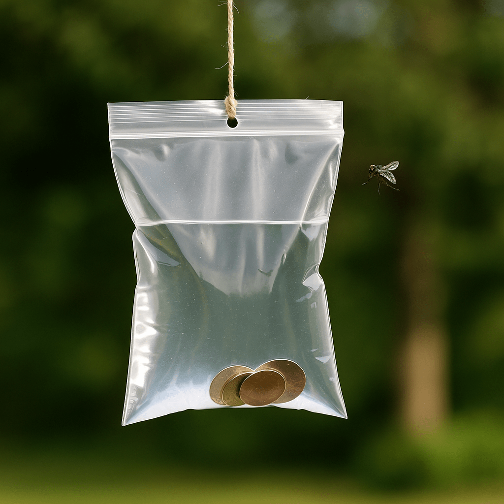 Maišelis su vandeniu ir monetomis – triukas nuo musių, kabantis lauke