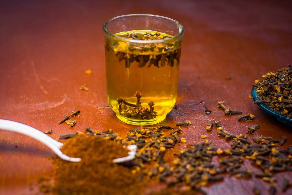 Gvazdikėlių arbata sąnarių skausmui puodelyje su prieskoniais