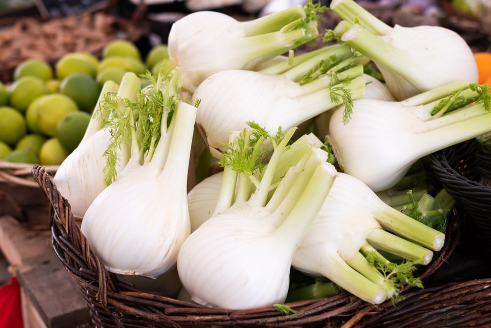 Švieži daržoviniai pankoliai pintame krepšyje – su storais stiebais ir žaliais lapeliais.