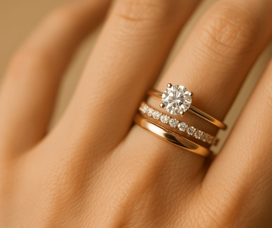 žiedai su deimantais – moters ranka su auksiniu žiedu, deimantine juostele ir sužadėtuvių žiedu.