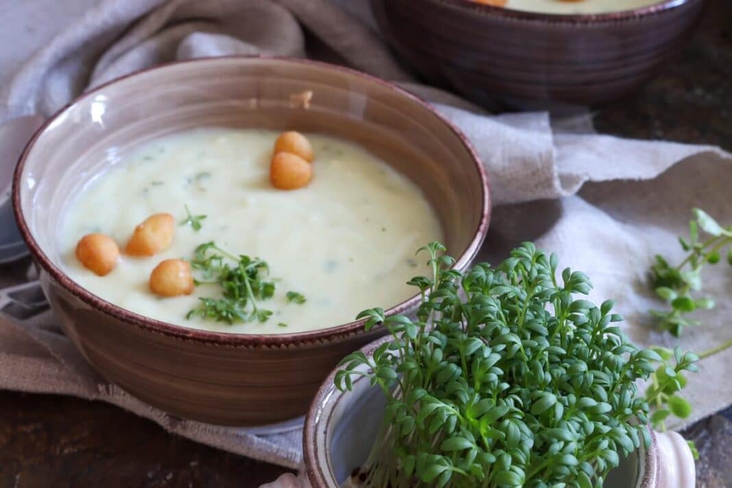 bulviu-sriuba-ziemai kreminėje tekstūroje, papuošta žalumynais ir traškučiais dubenyje