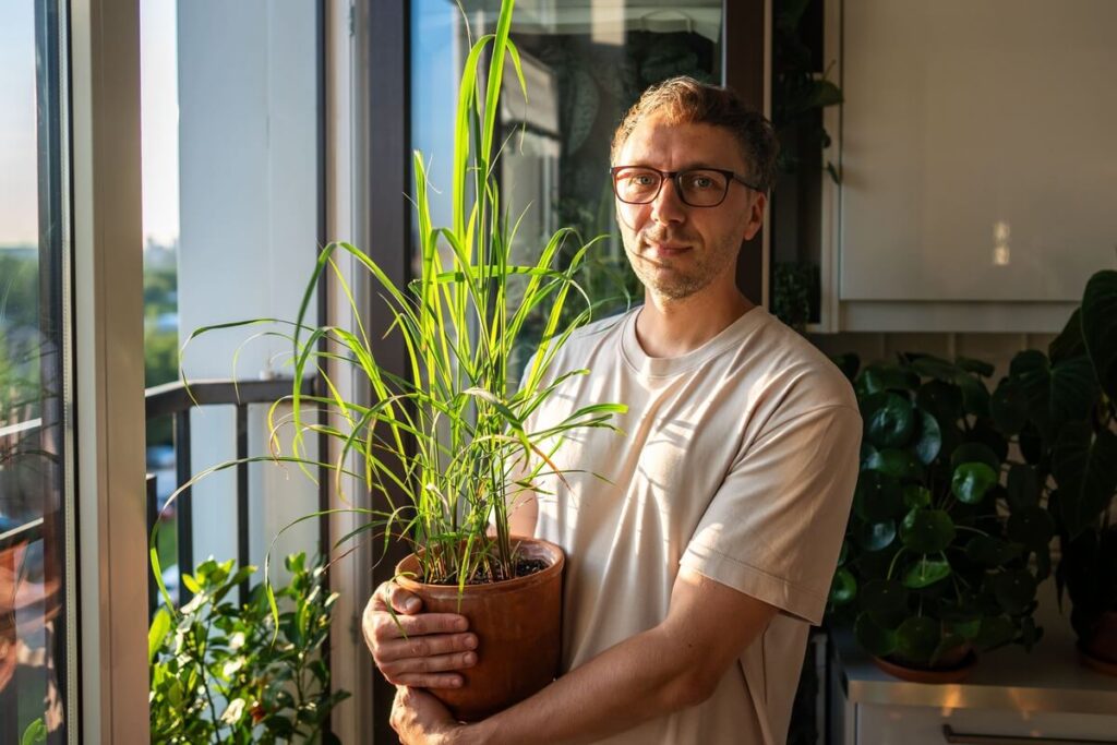 citrinžolė aplink terasą laikoma vyro rankose šviesioje lodžijoje