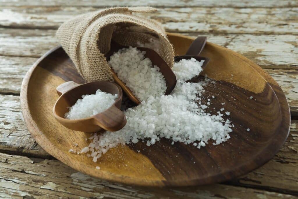 druskos naudojimas sode su rupia druska mediniuose indeliuose ant natūralaus medžio paviršiaus