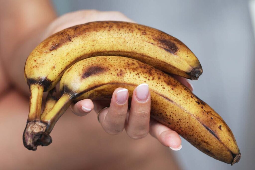 pernokęs-bananas-sode laikomas rankoje – gerai sunokę vaisiai su tamsiomis dėmelėmis