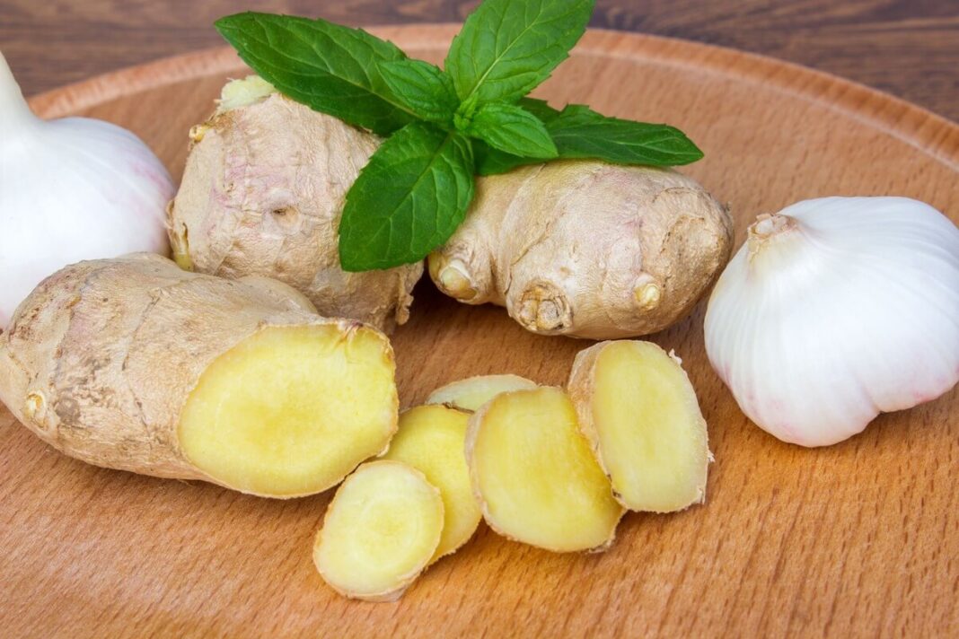 cesnakas ir imbieras nauda pateikta pjaustytu imbieru, česnako galvomis ir mėtos lapeliu medinėje lėkštėje