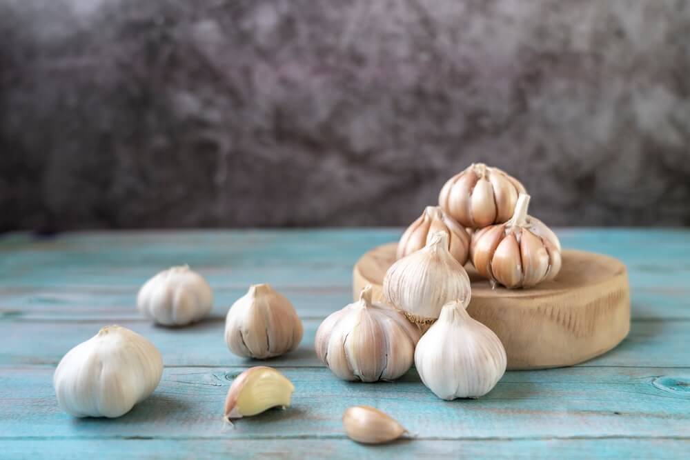 česnako tinktūra ingredientai – sveikos česnako galvutės ir skiltelės ant medinio paviršiaus