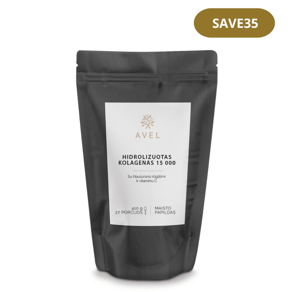 Kolageno trūkumas siejamas su maisto papildais – hidrolizuoto kolageno pakuotė su aiškia sudėtimi ir doze.