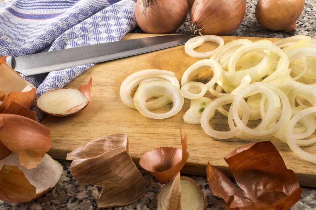 svogūnų lukštai žiemą ant pjaustymo lentos šalia pjaustytų svogūnų