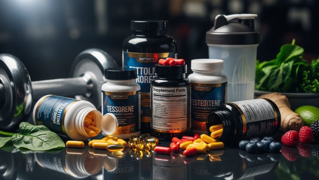 testosterono lygis ir maisto papildai šalia hantelių, daržovių ir vaisių