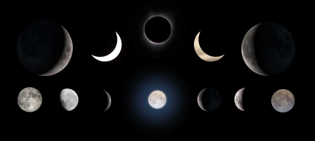 Mėnulio kalendorius vaizduojantis visas dangaus kūno stadijas nuo jaunaties iki pilnaties juodame fone.