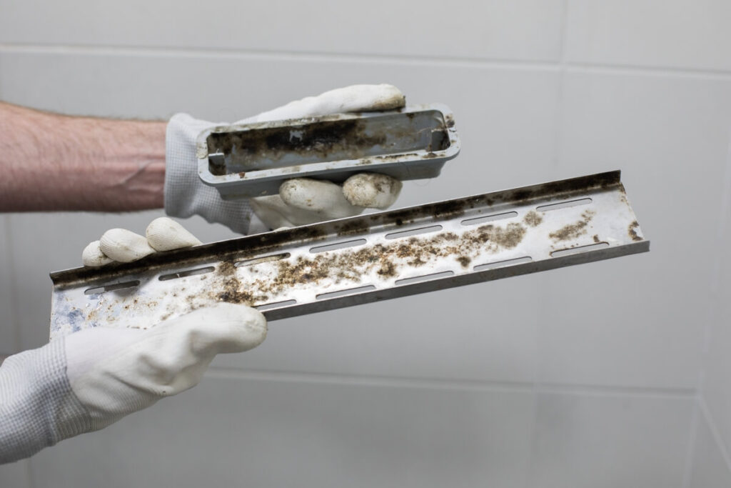 Pelėsis vonioje matomas ant išimtų dušo kabinos dalių, kurias būtina kruopščiai dezinfekuoti natūraliomis priemonėmis.