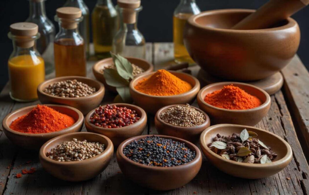 Prieskoniai virškinimui, tokie kaip kurkuma, kuminas ir anyžiai, supilti į molinius dubenėlius ant medinio stalo.