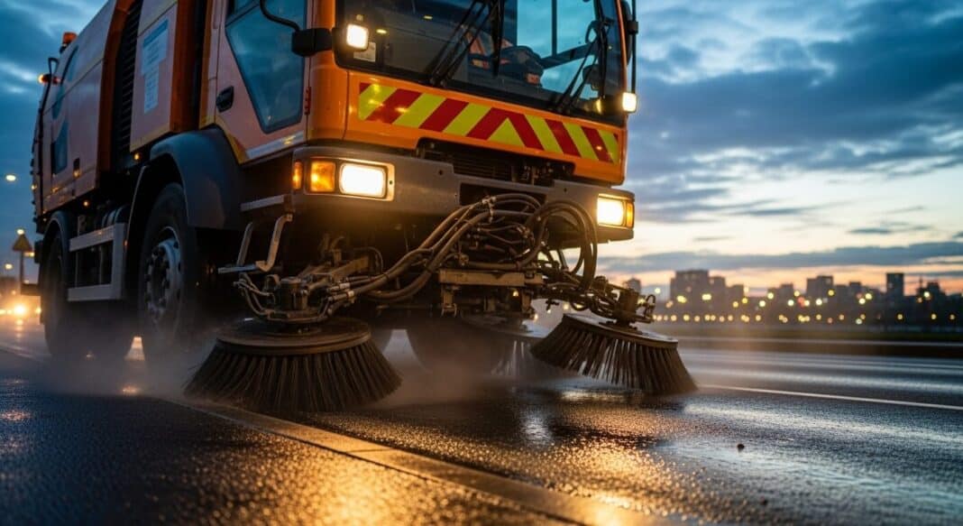 Profesionalios šlavimo mašinos valo miesto gatvę ankstyvą rytą – efektyvus dulkių ir nešvarumų surinkimas komercinėse erdvėse.