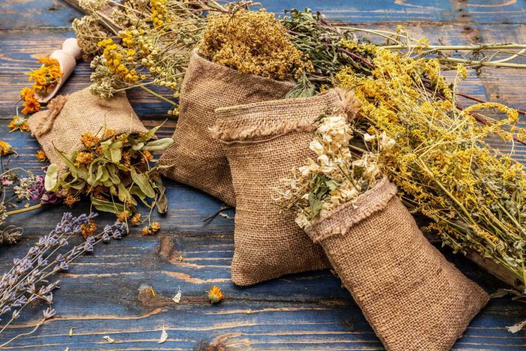 vaistažolės vaikų sveikatai džiovintos vaistažolės drobiniuose maišeliuose ant medinio stalo