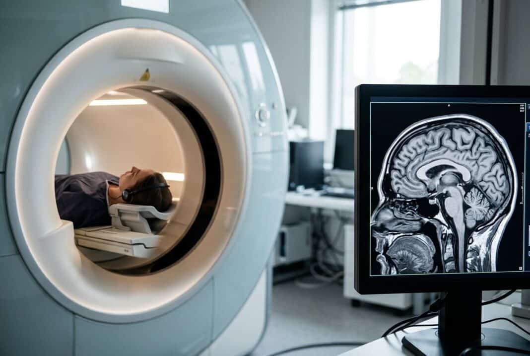 MRT tyrimas atliekamas pacientui su smegenų vaizdu monitoriuje medicinos centre