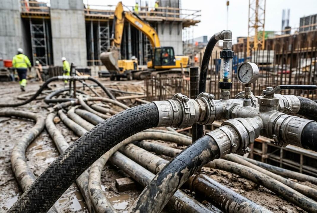 PVC žarnos statyboms naudojamos skysčių transportavimui statybų aikštelėje