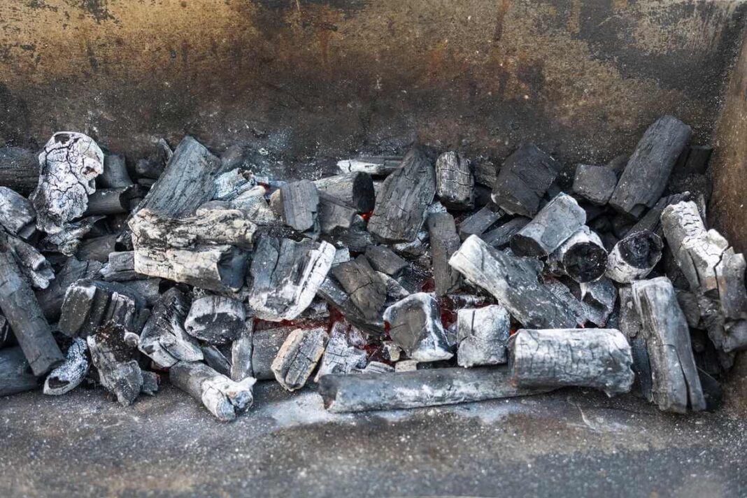 Medžio pelenai ir degančios anglys laužavietėje, kurios po atvėsimo gali būti naudojamos sodo žemei gerinti.