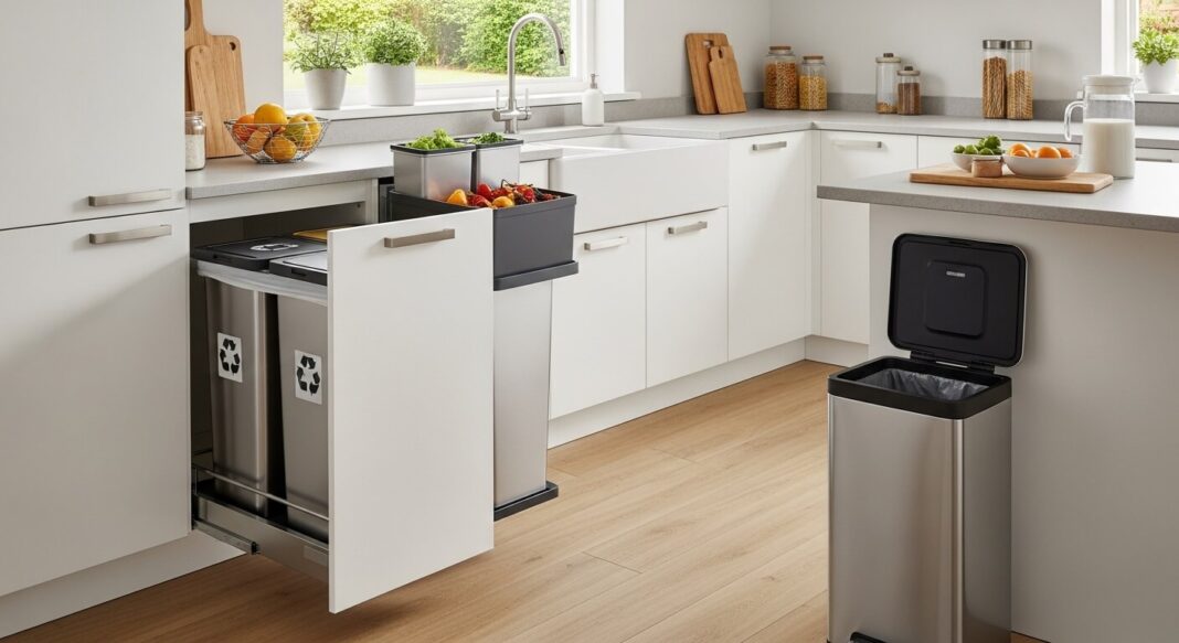 kaip išsirinkti šiukšliadėžę virtuvei su integruotu rūšiavimo sprendimu spintelėje ir papildoma metaline šiukšliadėže šalia
