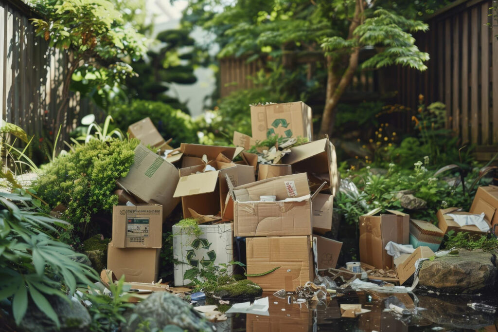 Mulčiavimas kartonu. Kartoninės dėžės darže.