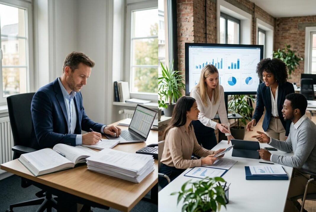 Buhalterių įmonės paslaugos – finansų specialistas dirba individualiai, o kita komanda analizuoja įmonės finansinius rodiklius ir verslo duomenis.
