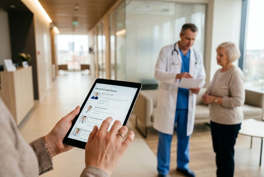 Pacientė renkasi neurochirurgą Kaune planšetėje prieš konsultaciją klinikoje