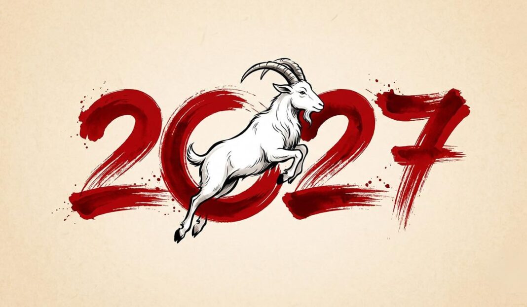 Raudonais potėpiais užrašyti 2027 metai su baltu ožiu