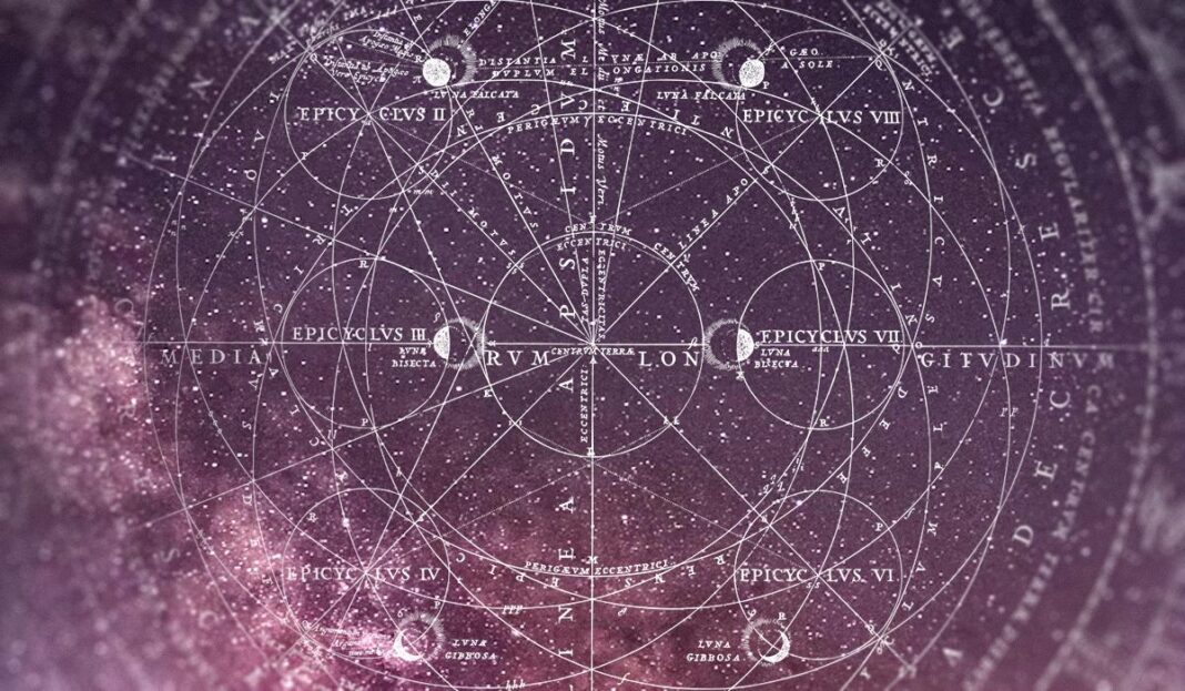Astrologinis žemėlapis su planetų orbitomis ir zodiako ženklais violetiniame fone