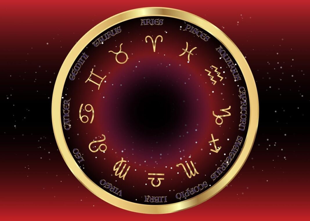 Auksinis zodiako ženklų ratas tamsiame žvaigždėtame fone
