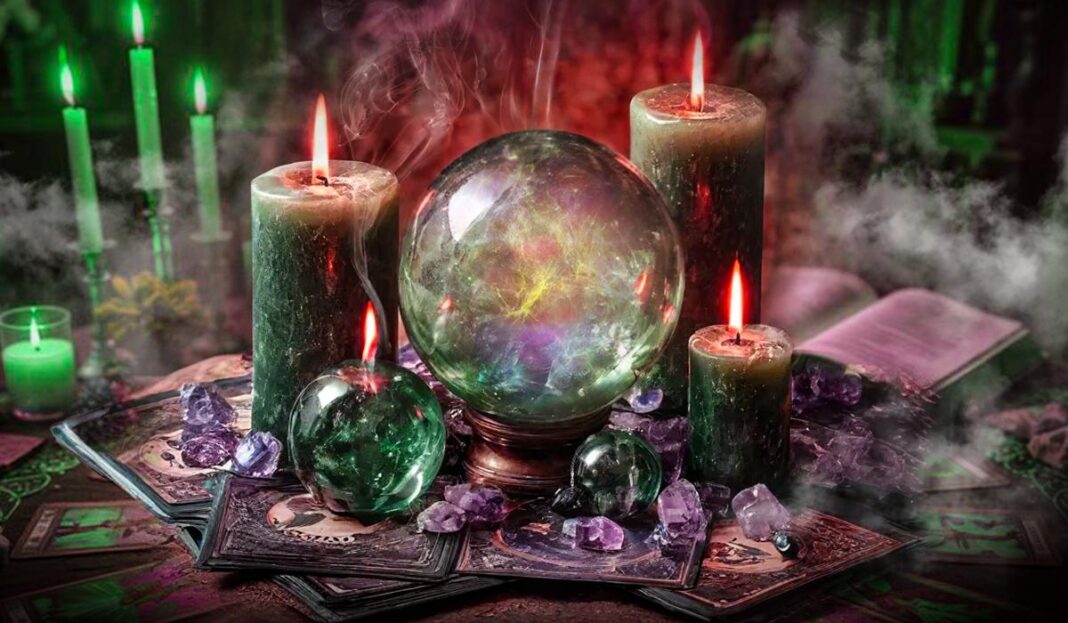 Krištolinis rutulys, degančios žvakės ir tarot kortos mistiškoje aplinkoje