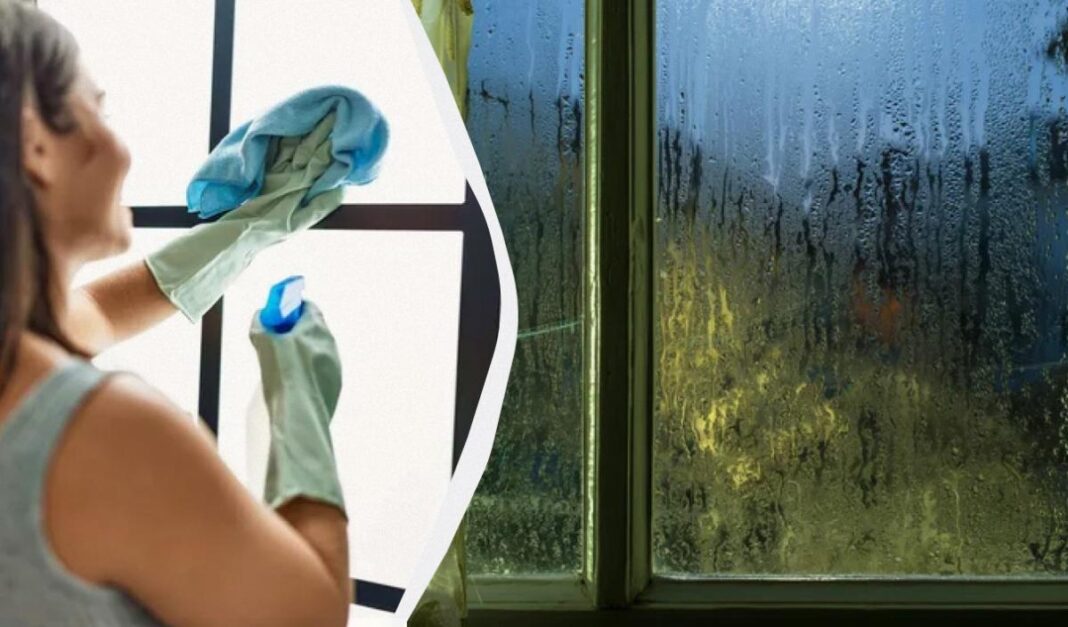Moteris valo langą, o šalia matomas kondensatu padengtas stiklas