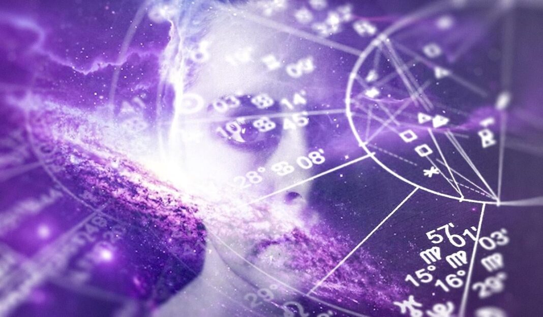 Purpurinis astrologinis zodiako žemėlapis su ženklais ir žvaigždėtu kosminiu fonu