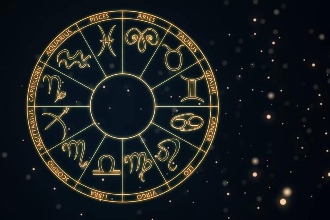 Šviečiantis zodiako ženklų ratas tamsiame žvaigždėtame fone